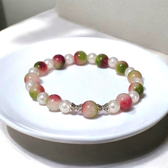 Handcrafted Watermelon Tourmaline and Faux Pearl One Of A Kind Bracelet - Picture 1 of 3